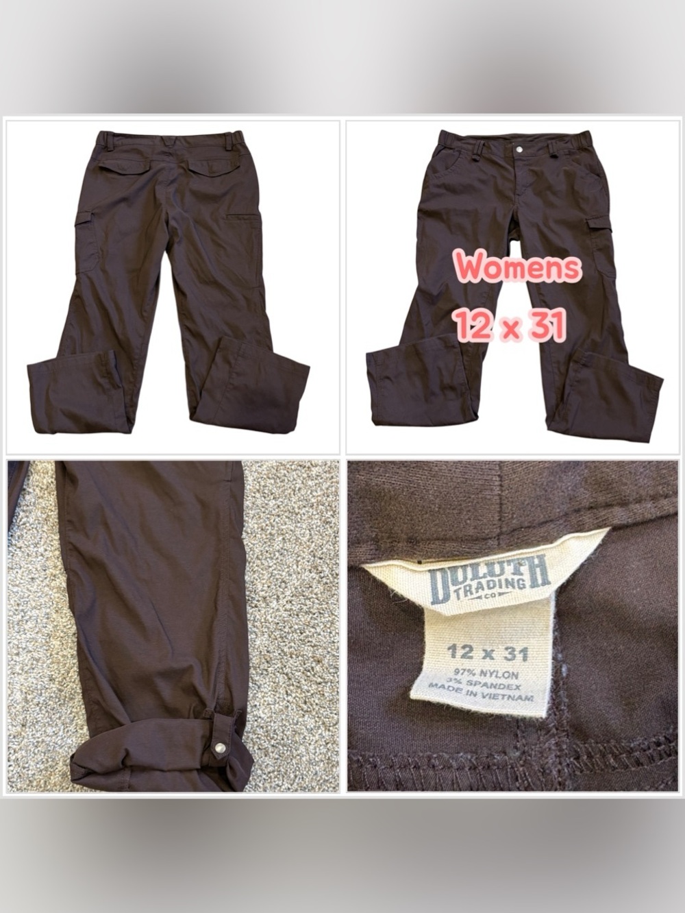 Women’s Duluth Trading Cargo 12x31 Flex Pants Brown Stretch Rolled Hem Utility
